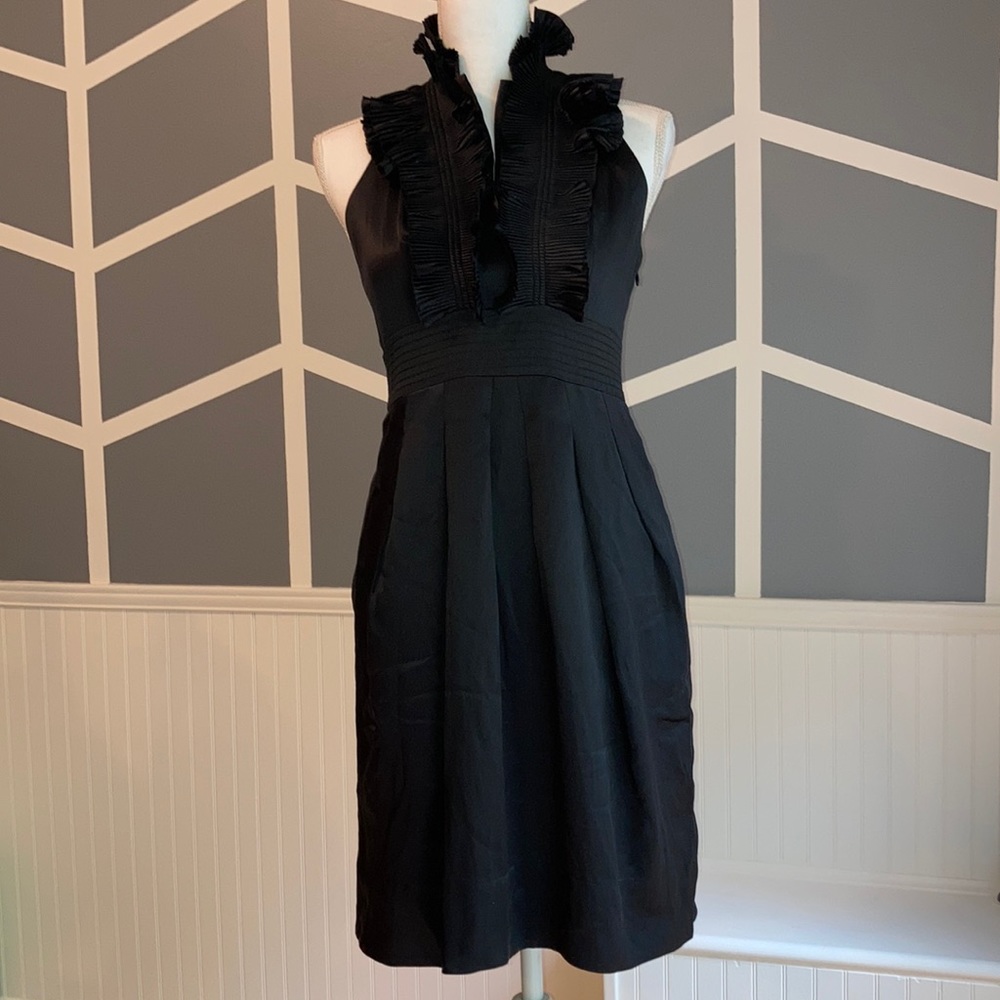 BCBG Maxazira ruffle halter & belted black dress